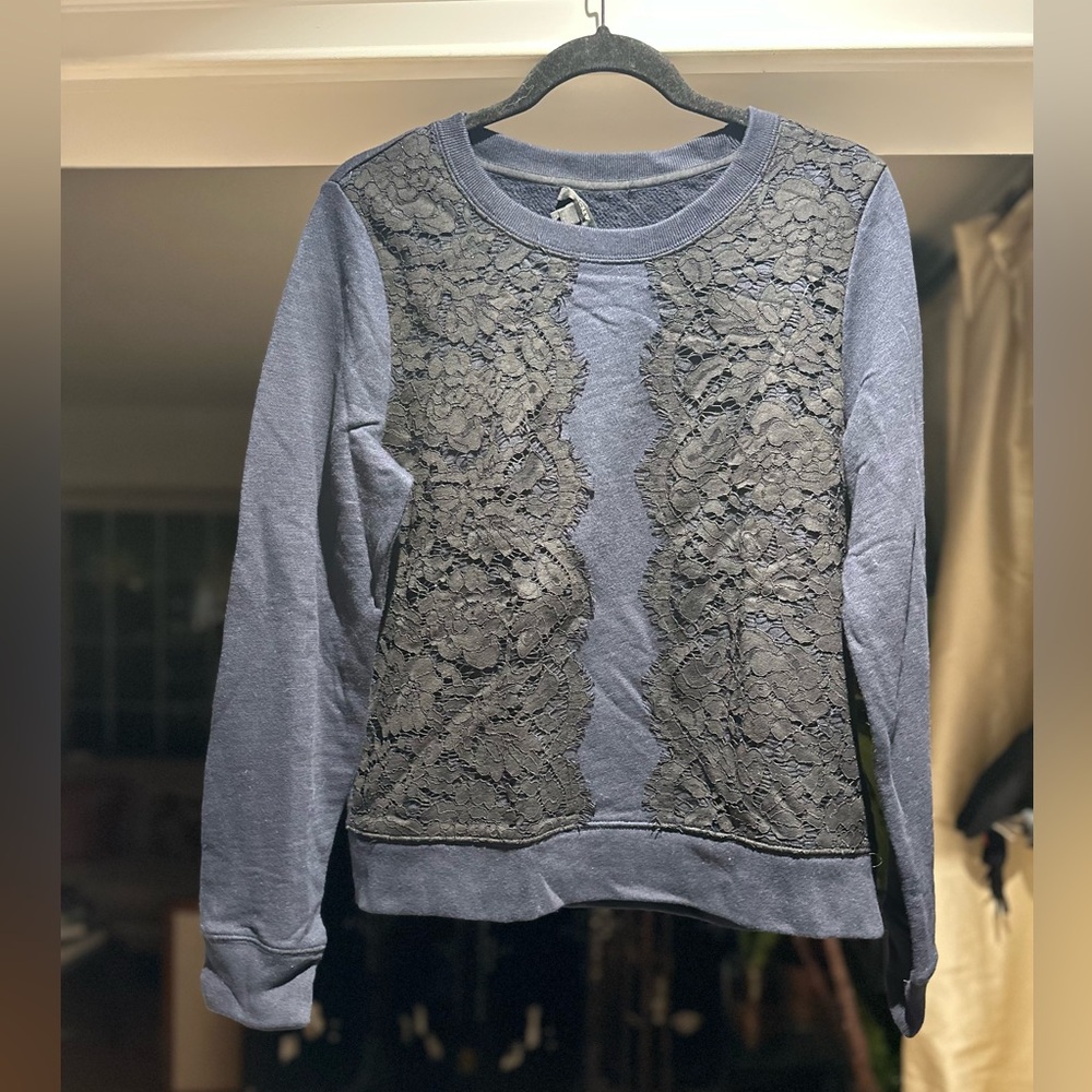 NWT J.Crew Black Lace Overlay Navy Sweatshirt